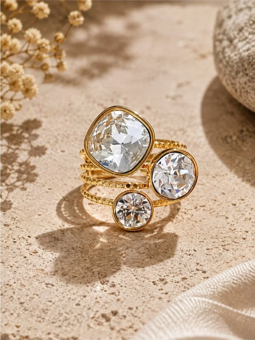 18 K Gold plated Triple Crystal Stack Ring